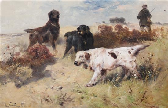 Henry Schouten (Belgian, 1864-1927) Gun dogs in a landscape, 24 x 36in.